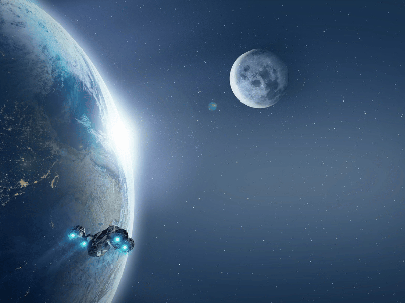 (The photo is of a small-ish four-engine spaceship under power moving laterally away from a larger planet. There is a moon in the background in the direction the ship is flying. A star behind the planet provides a small bead of light on the planet's rim, as if the star is about to "rise".)